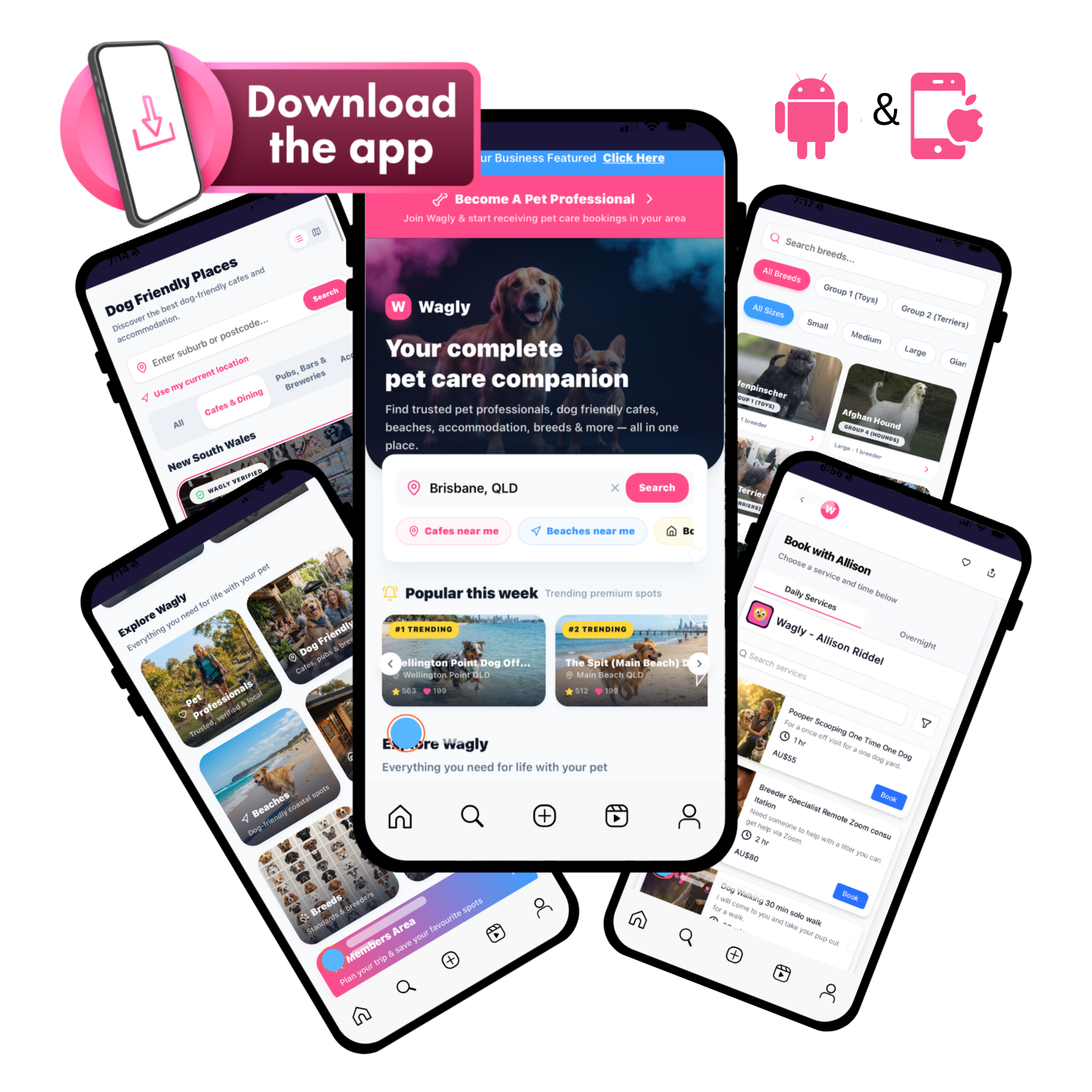 Wagly App Preview - Pet bookings, dog friendly places, breeds and pet services