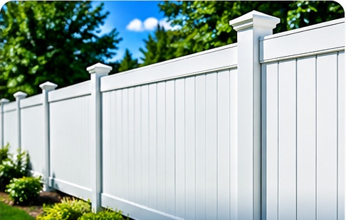 Finished white vinyl fence across residential yard