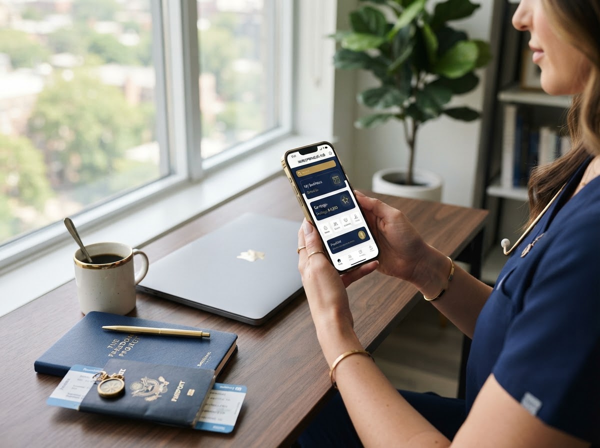 Nurse's hands holding a smartphone showing a digital business app, with a laptop and travel notebook nearby