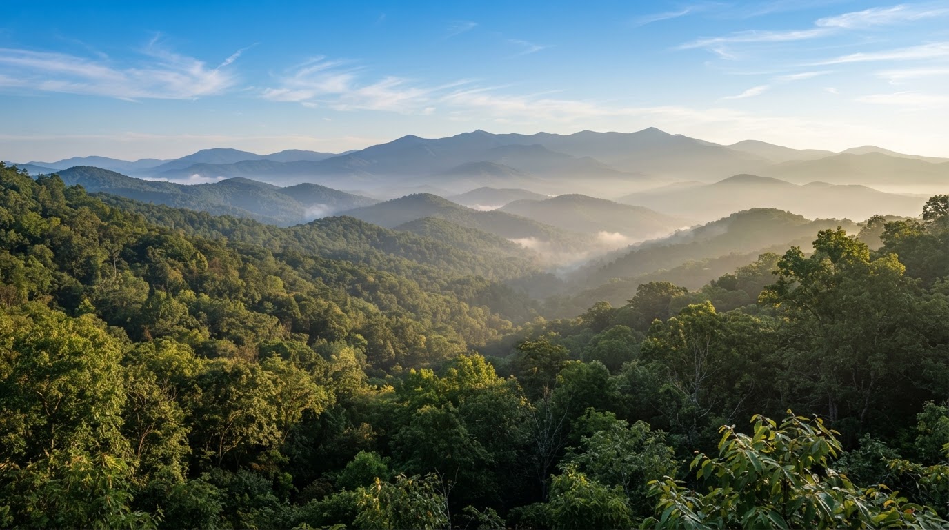 Misty Great Smoky Mountains foothills scenery in East Tennessee