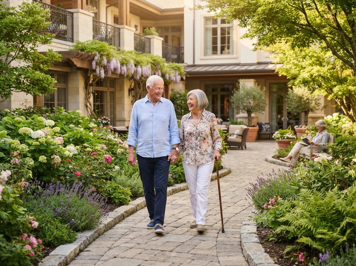 Senior couple walking together through a garden courtyard of a luxury senior living residence