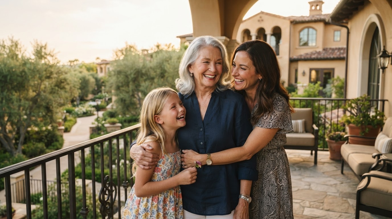 Three generations of a family sharing a warm moment on the terrace of a luxury senior living community