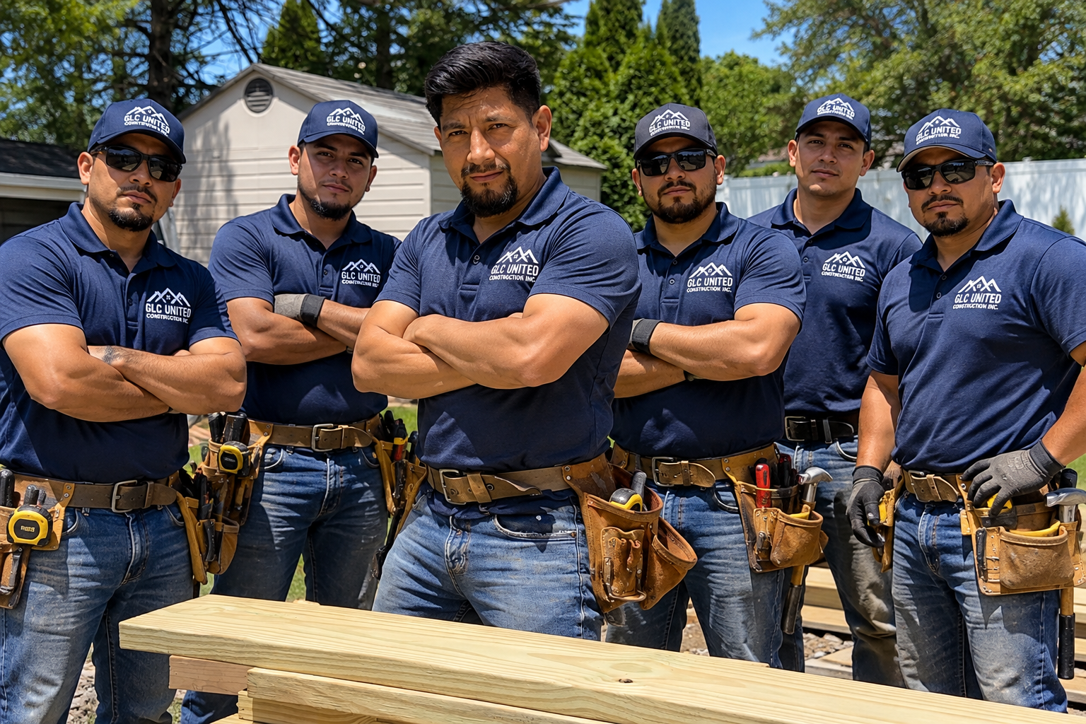 GLC. UNITED construction team reviewing blueprints on site