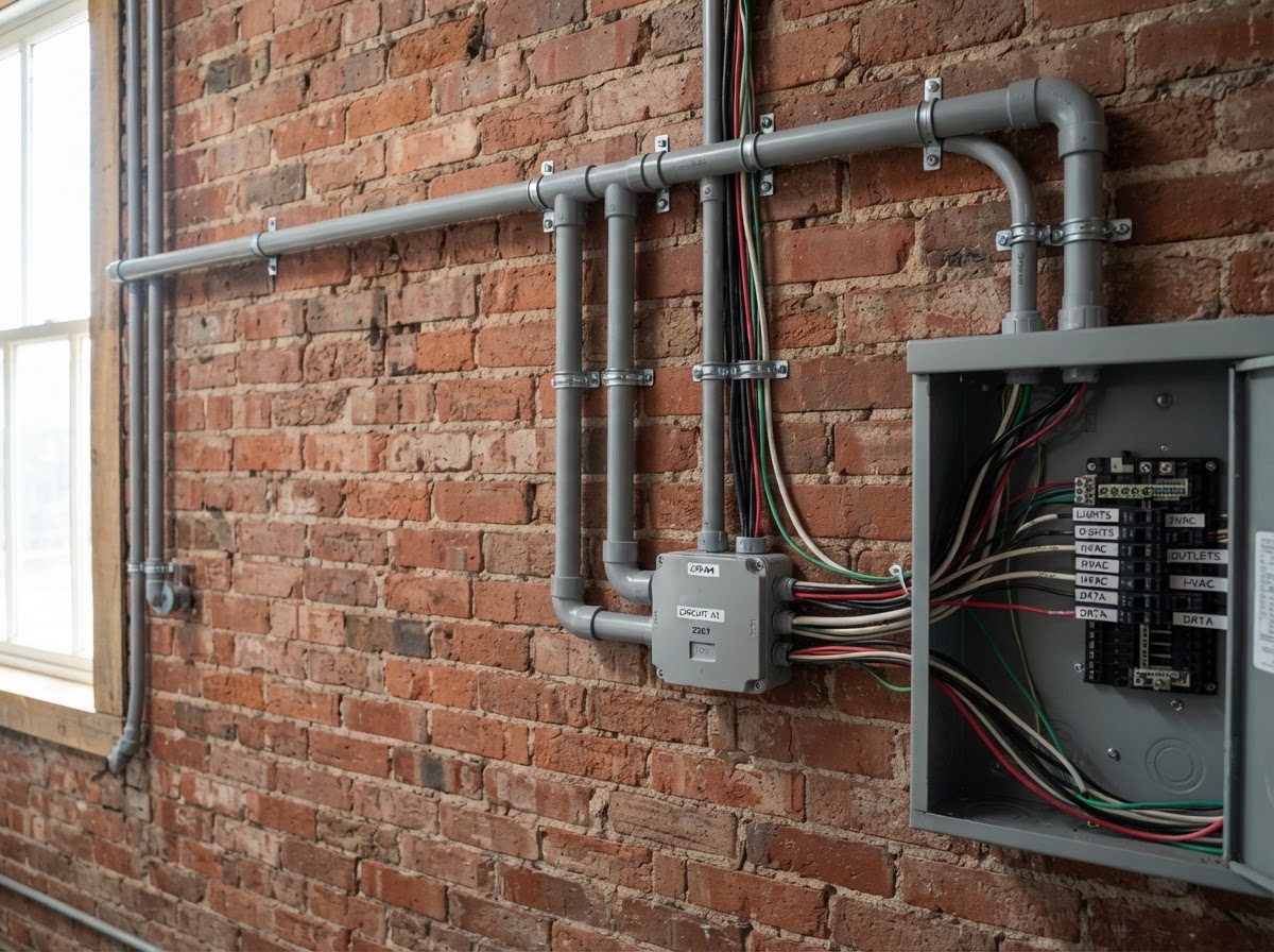 Neatly installed electrical wiring and conduit