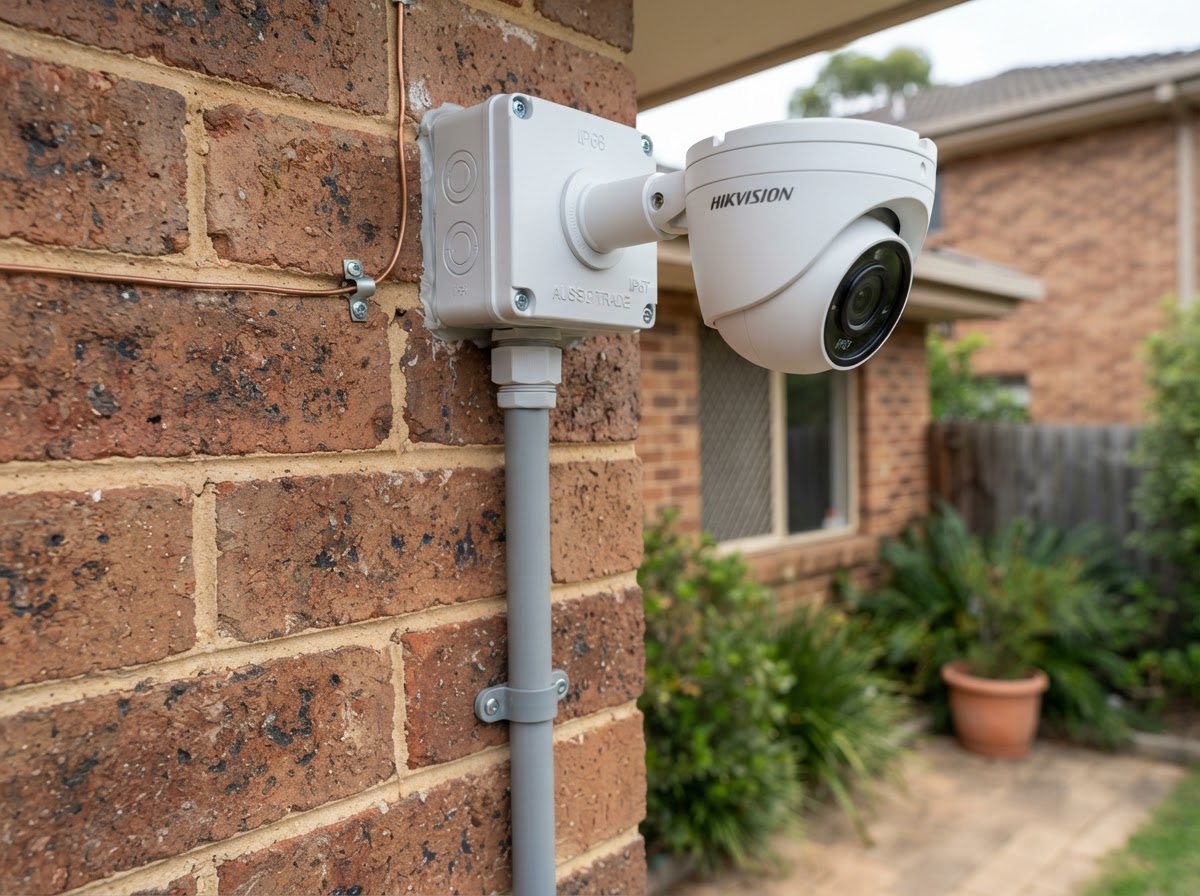 Outdoor camera installation on brick wall