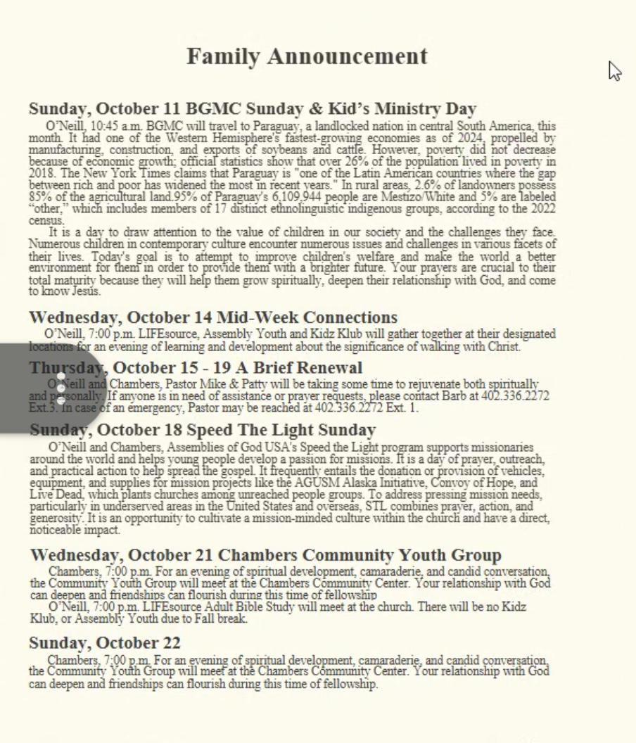 This week's O'Neill Assembly of God bulletin — announcements, sermon notes, and prayer concerns