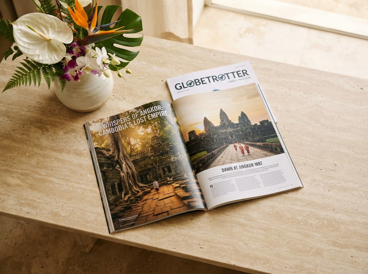 Curated travel guide opened to a spread of ancient ruins on a stone desk
