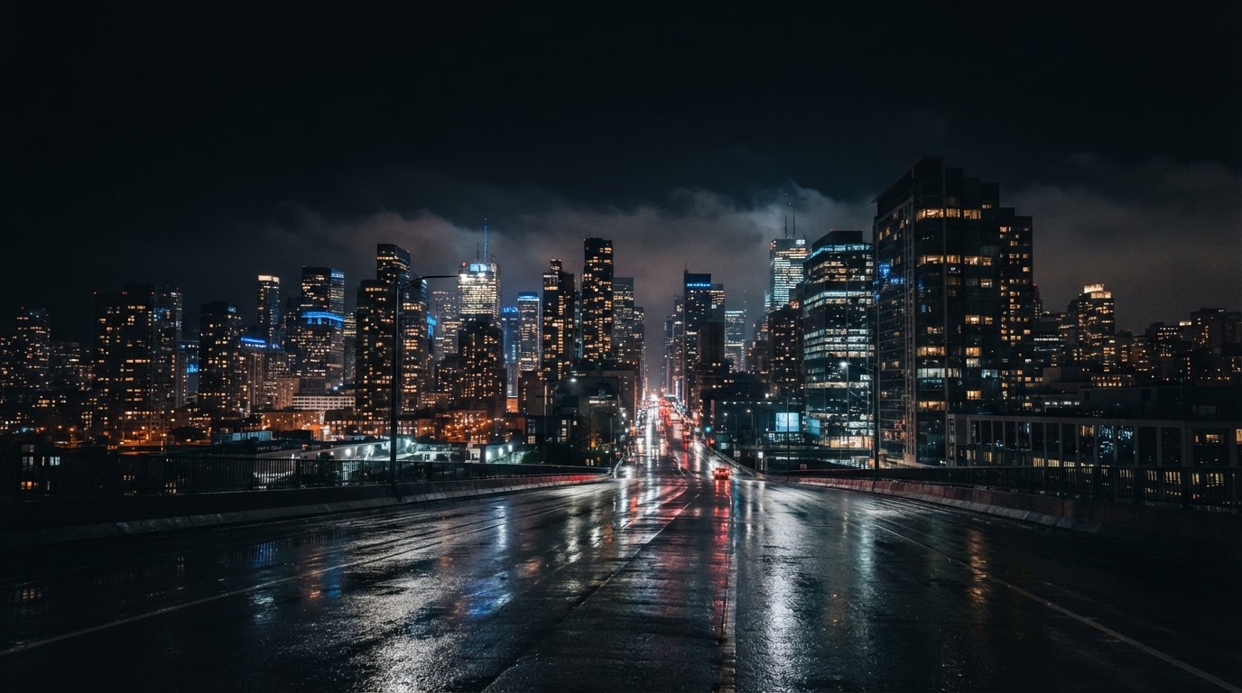 Cinematic nighttime city skyline with wet reflective streets