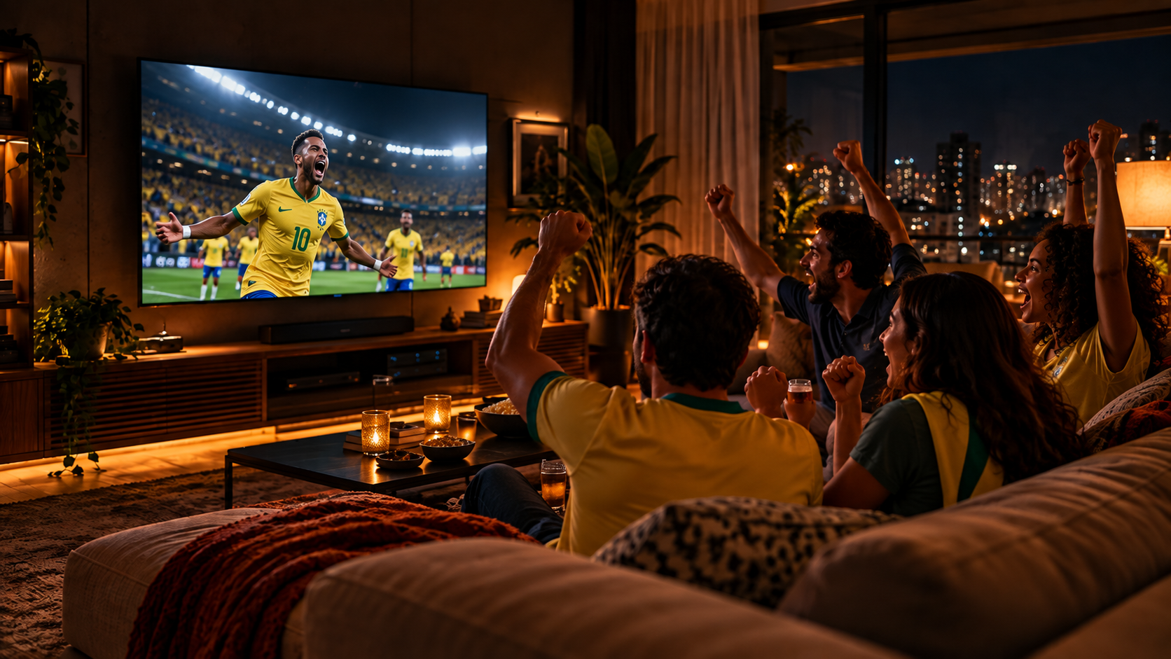 Torcedores vibrando com futebol ao vivo na TV pela Speednet