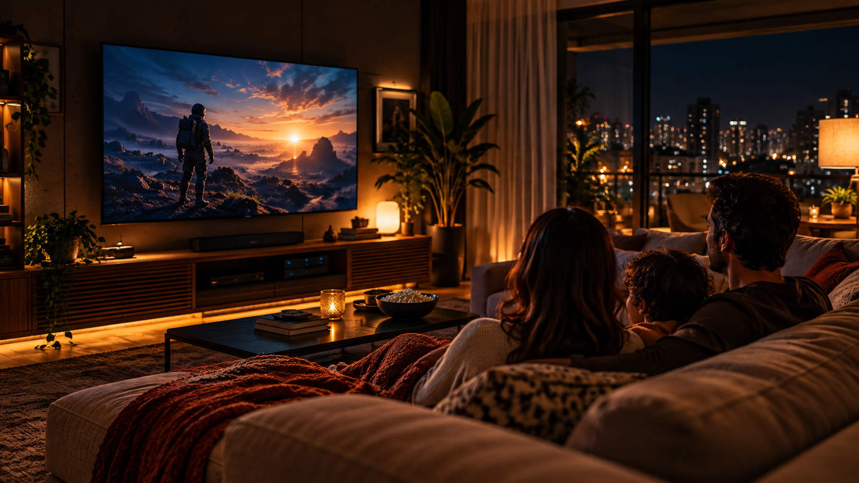 Família e casal assistindo filme em alta definição na TV em Guarapari
