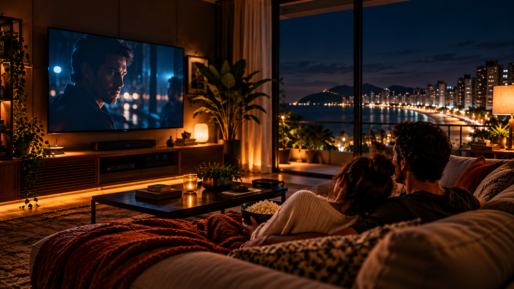 Casal assistindo séries e maratonas com vista da orla de Guarapari