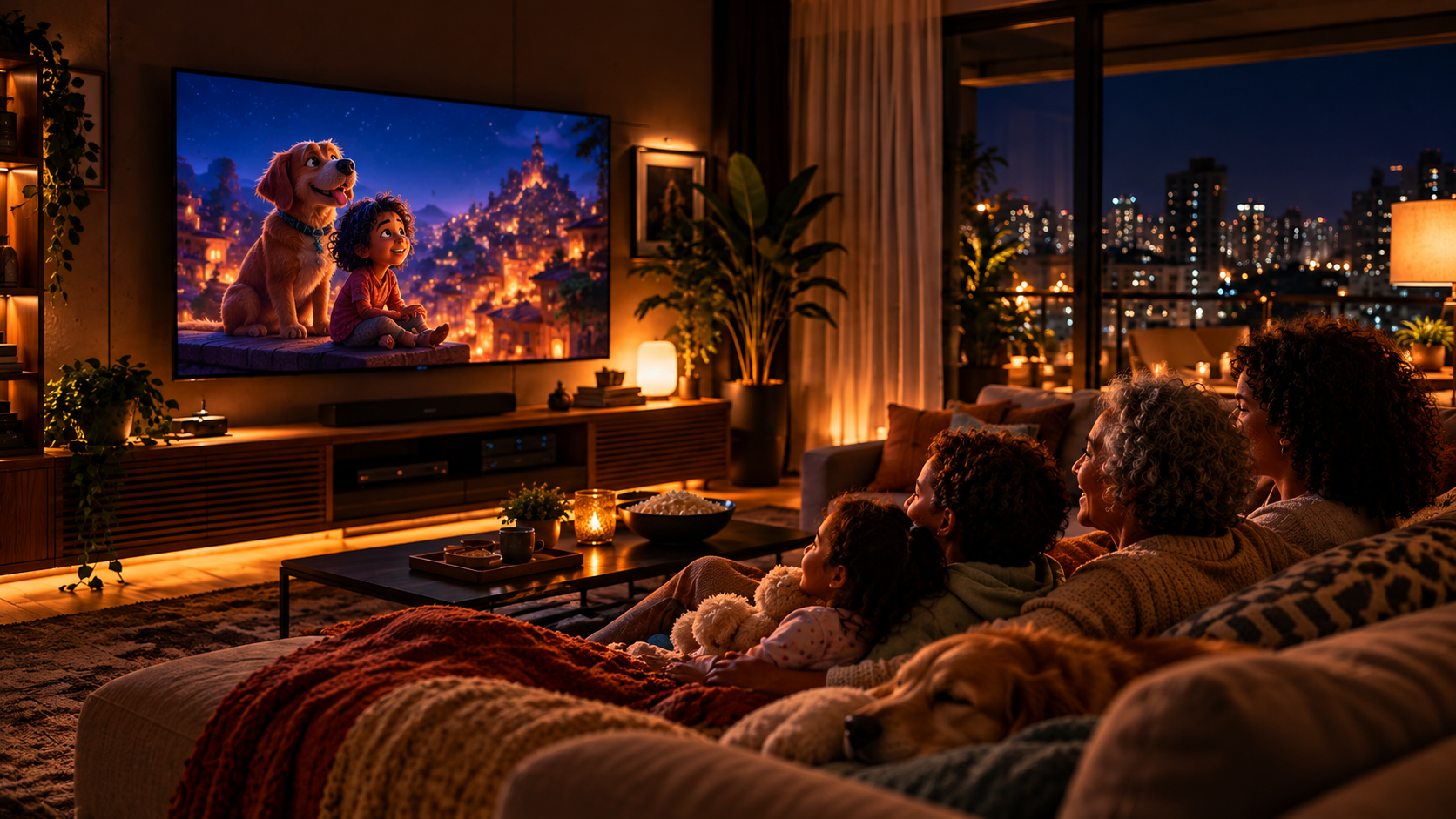 Família reunida com crianças assistindo animação na TV
