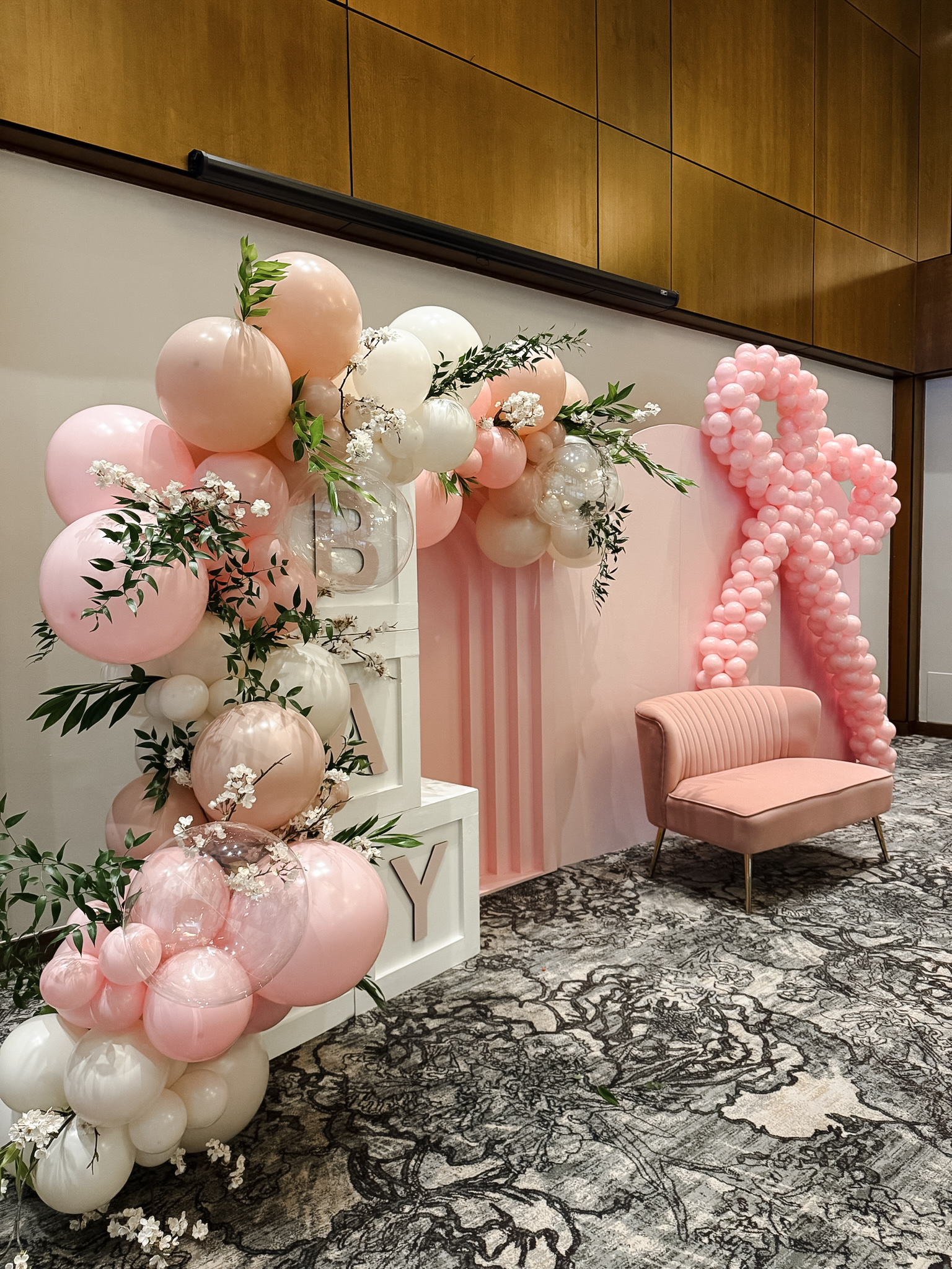 Baby Shower Backdrop with Ribbon & Floral Accents