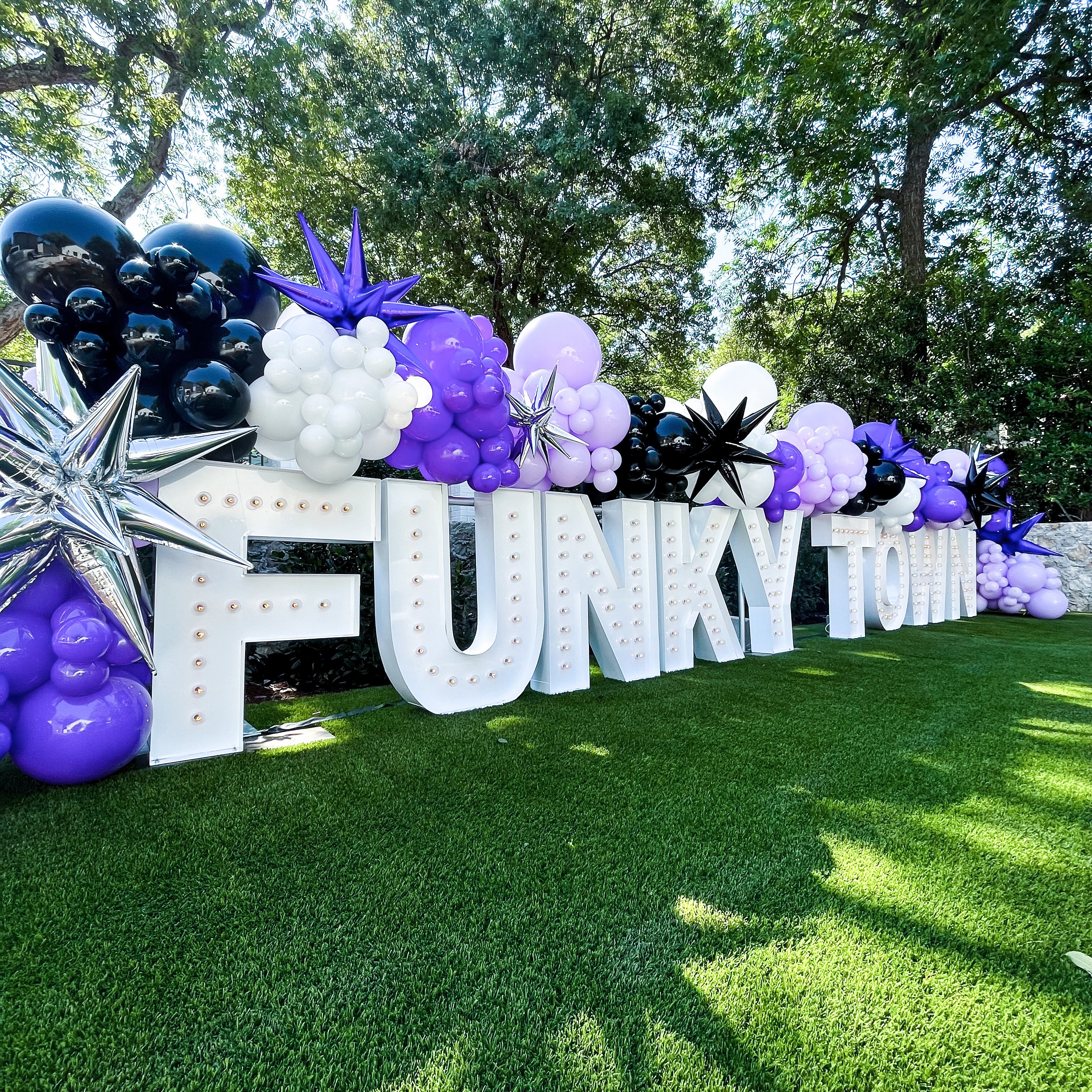 Funky Town Marquee Letters & Purple Starburst Garland
