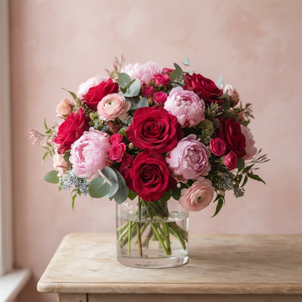 Round posy of roses and peonies in a glass vase