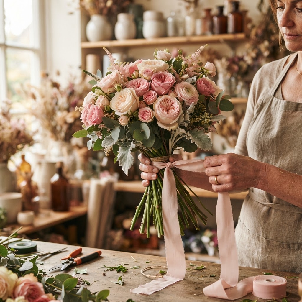 Florist tying a custom bridal bouquet of pink and cream roses