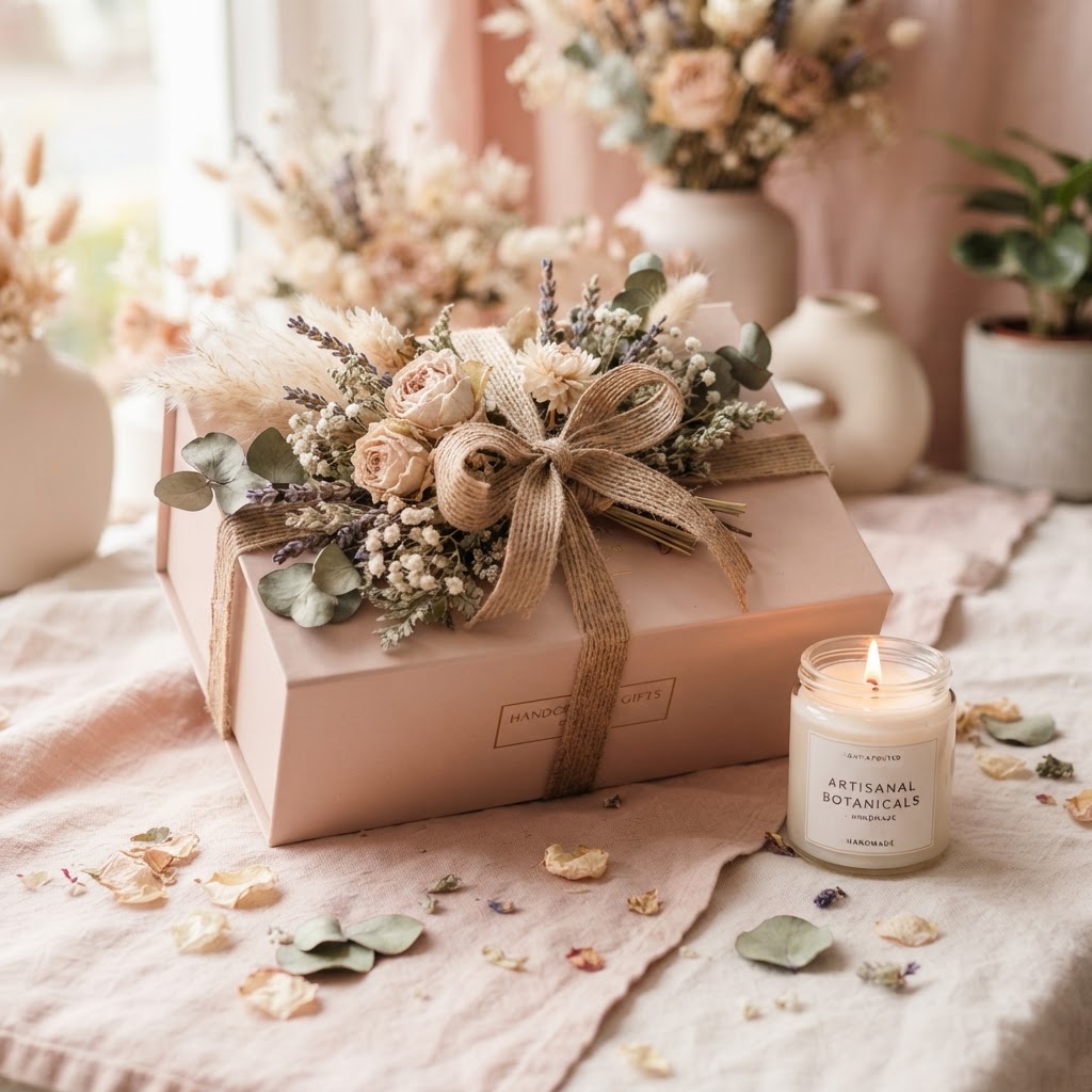 Souvenir gift box with dried flowers and a candle