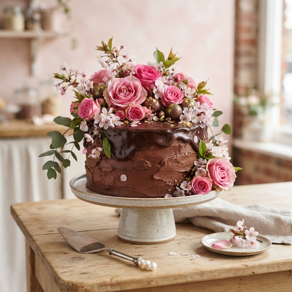 Chocolate cake decorated with fresh pink roses