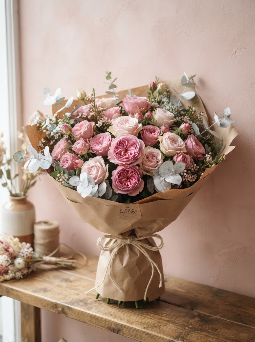 Wrapped fresh flower bouquet of pink roses
