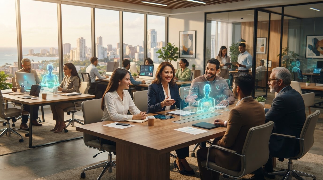 Profesionales dominicanos trabajando junto a empleados digitales en una oficina moderna en Santo Domingo