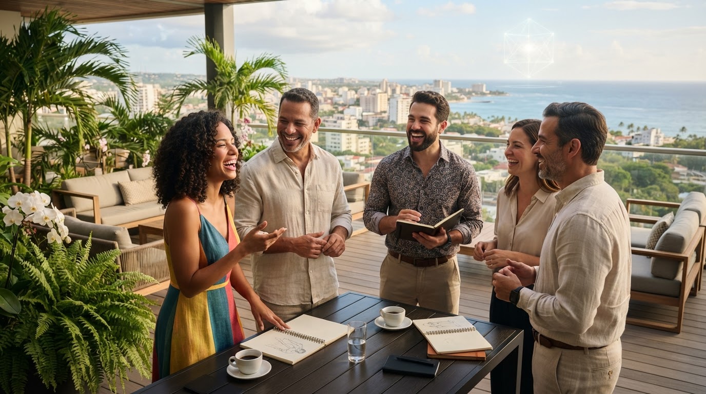 Profesionales de República Dominicana y Latinoamérica disfrutando tiempo libre y liderazgo, liberados de pantallas por agentes inteligentes