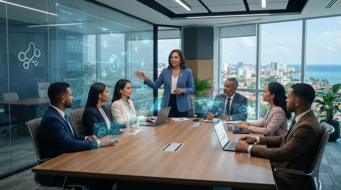 Empresa híbrida dominicana con líderes humanos trabajando junto a empleados digitales