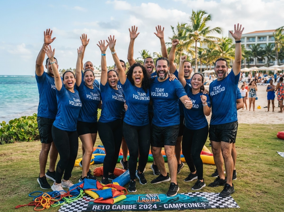 Celebración, unión y confianza de equipo corporativo dominicano