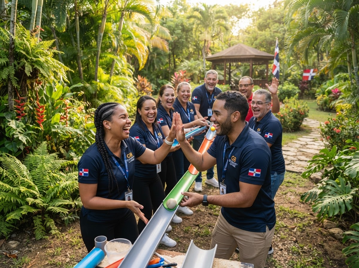 Equipo corporativo dominicano disfrutando dinámicas al aire libre en team building