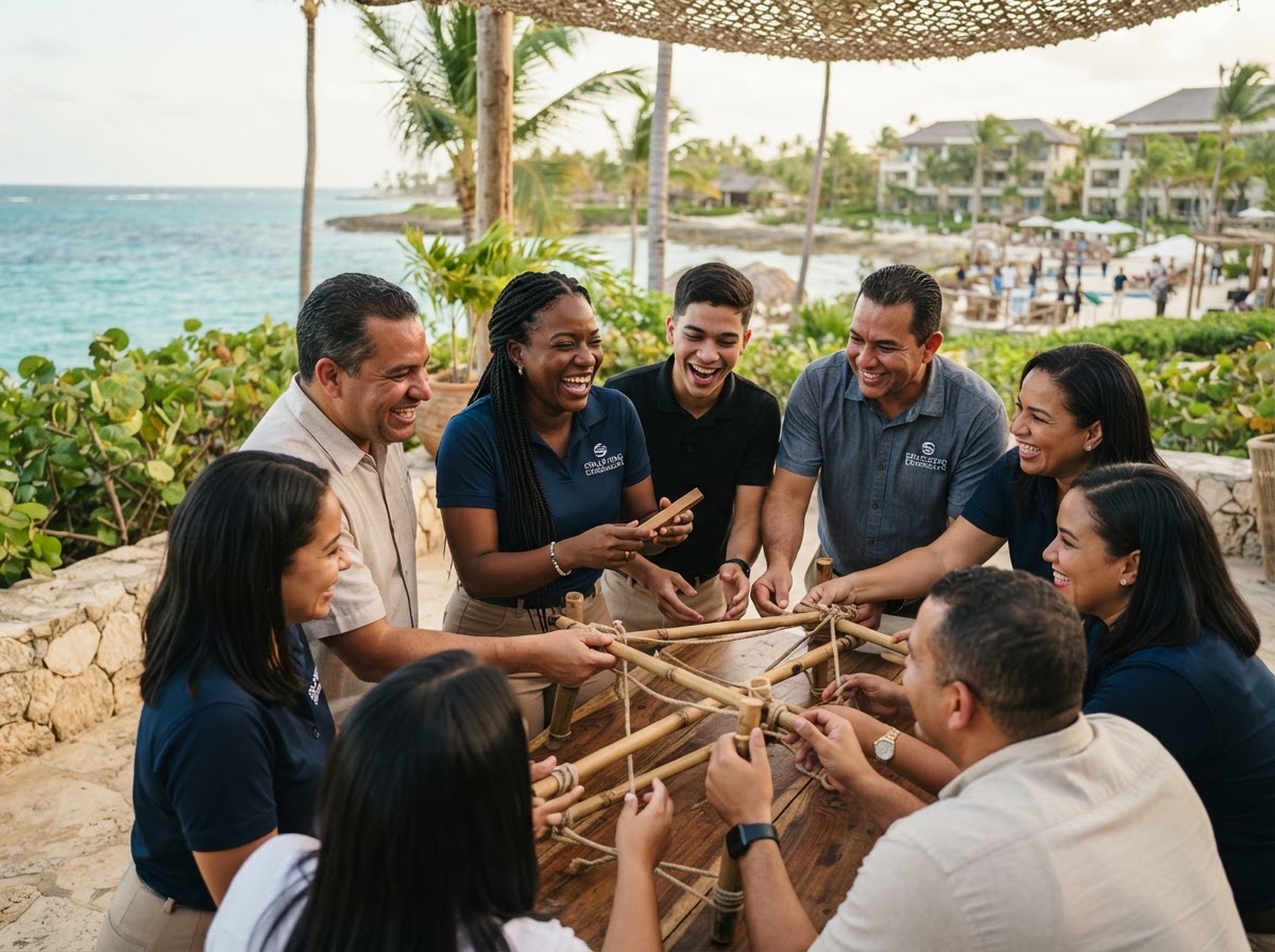 Equipo corporal dominicano en una experiencia de team building, conexión y confianza