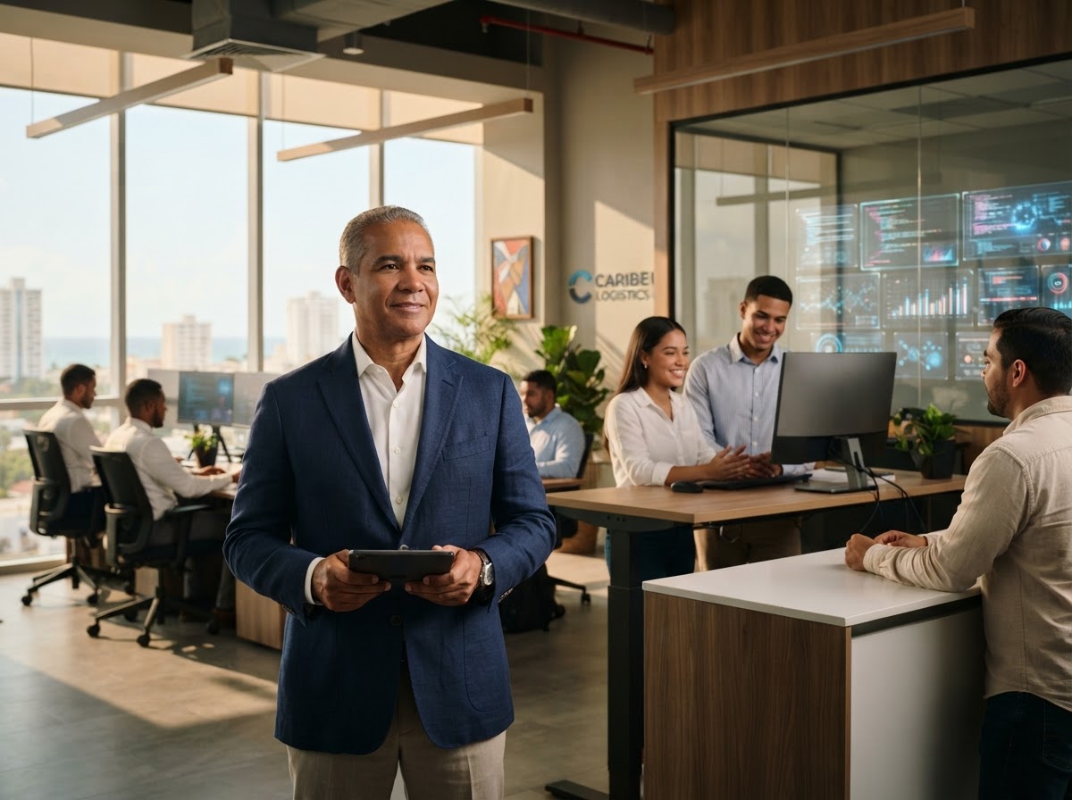 Dueño de empresa dominicano tranquilo mientras la tecnología trabaja silenciosamente en segundo plano