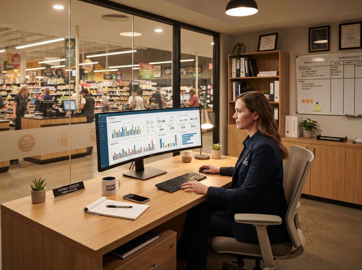 Monitor de escritorio Samsung en el escritorio de la oficina de un gerente de tienda
