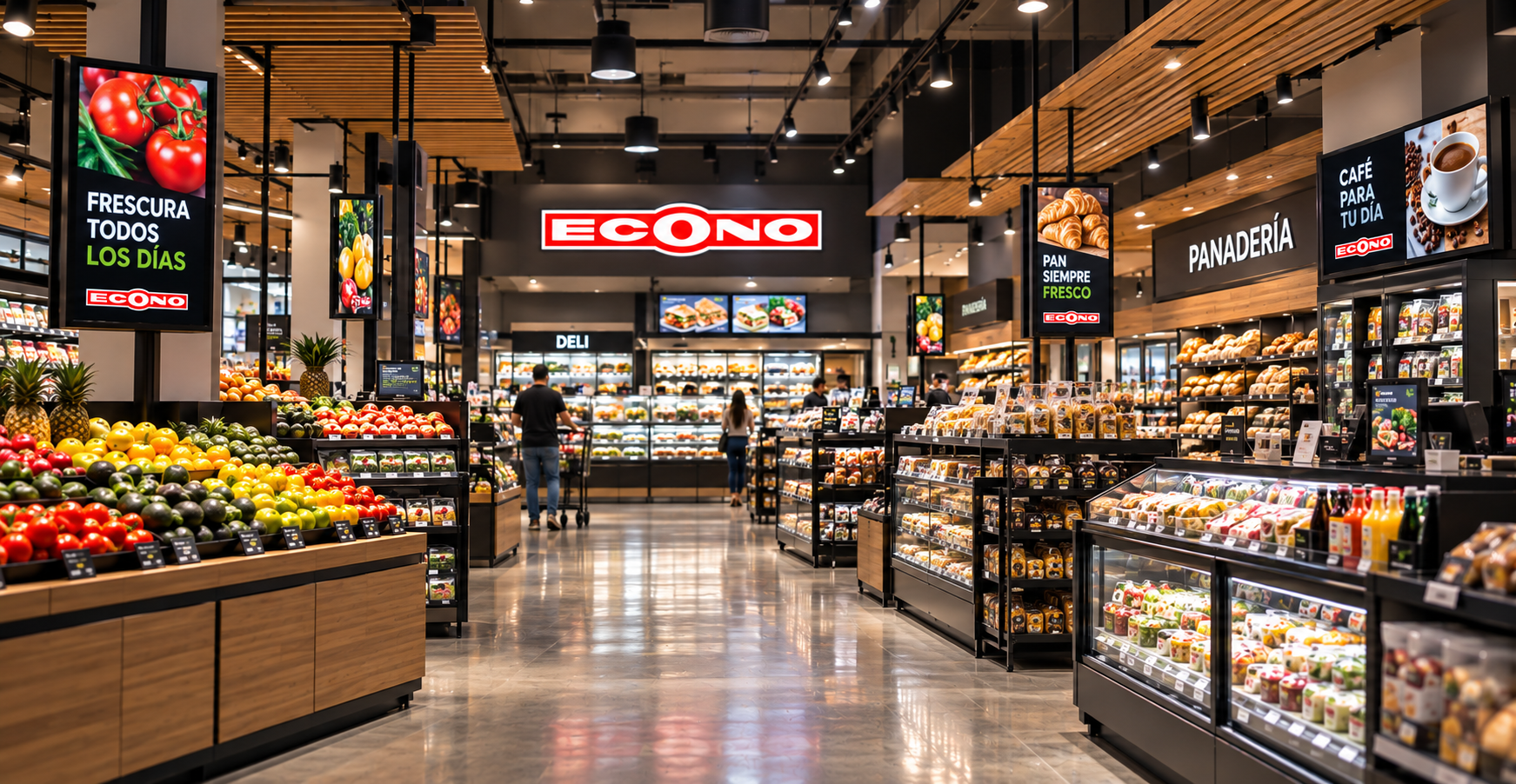 Interior de supermercado Econo moderno con arquitectura limpia e iluminación brillante