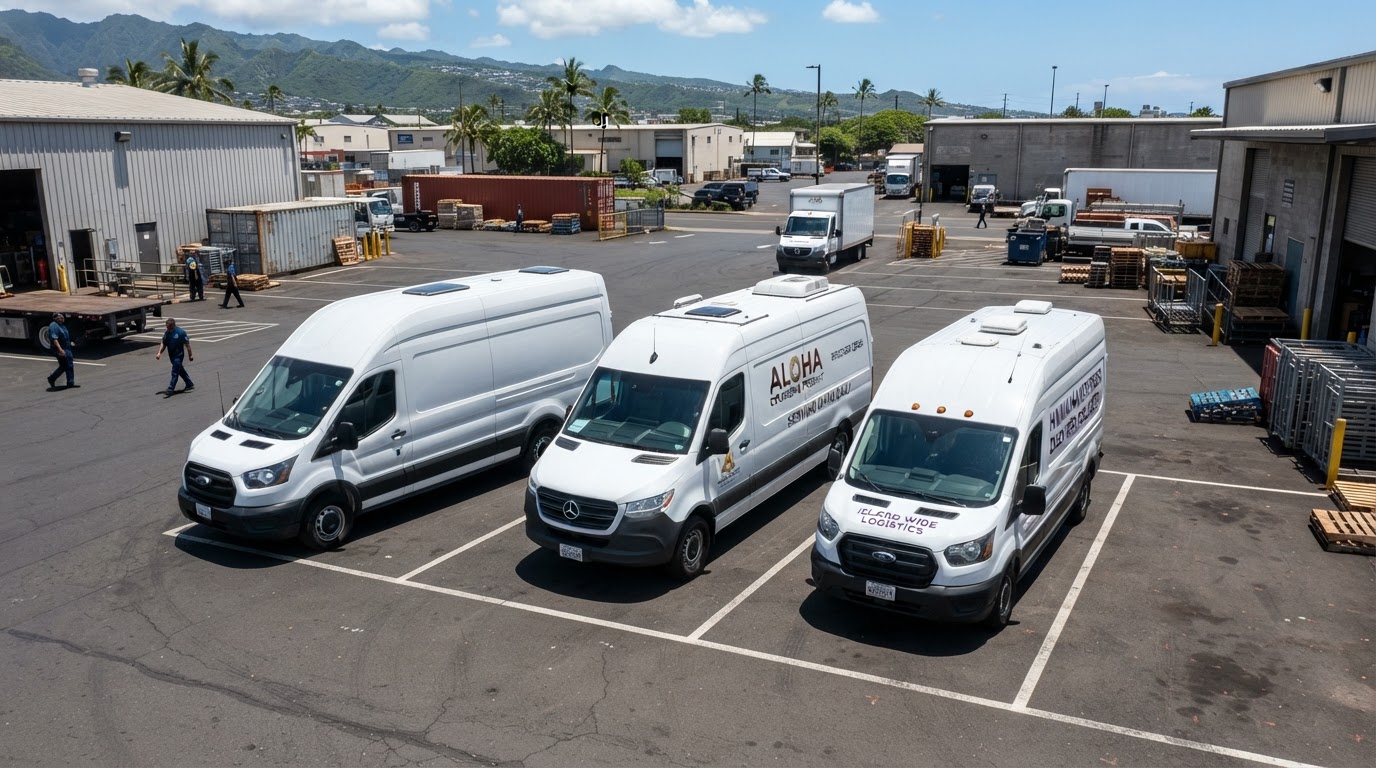 Commercial cargo delivery vans with roof visible under strong Hawaiian sunlight on Oʻahu