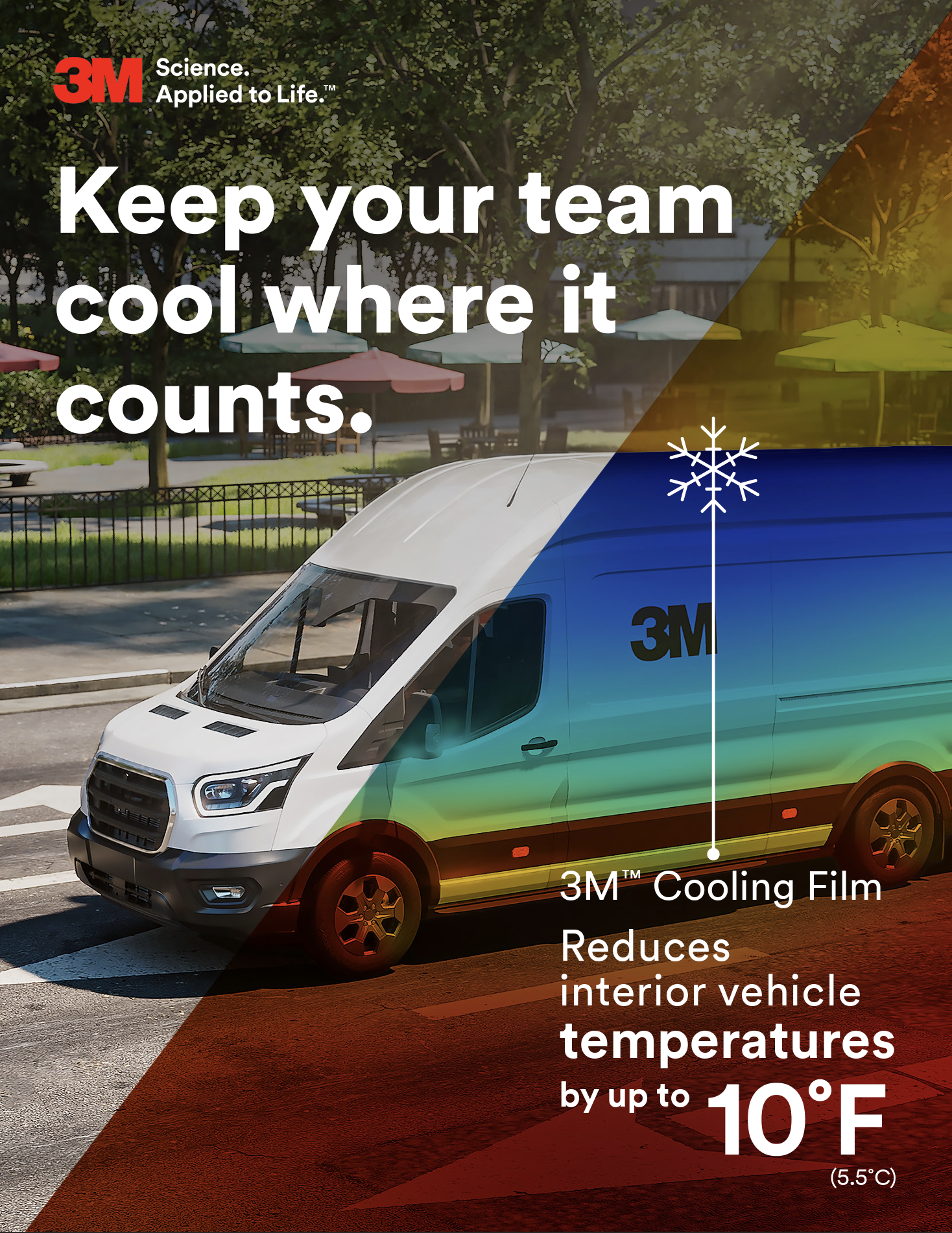 Official 3M™ Cooling Film commercial van literature demonstrating interior vehicle temperature reduction up to 10°F