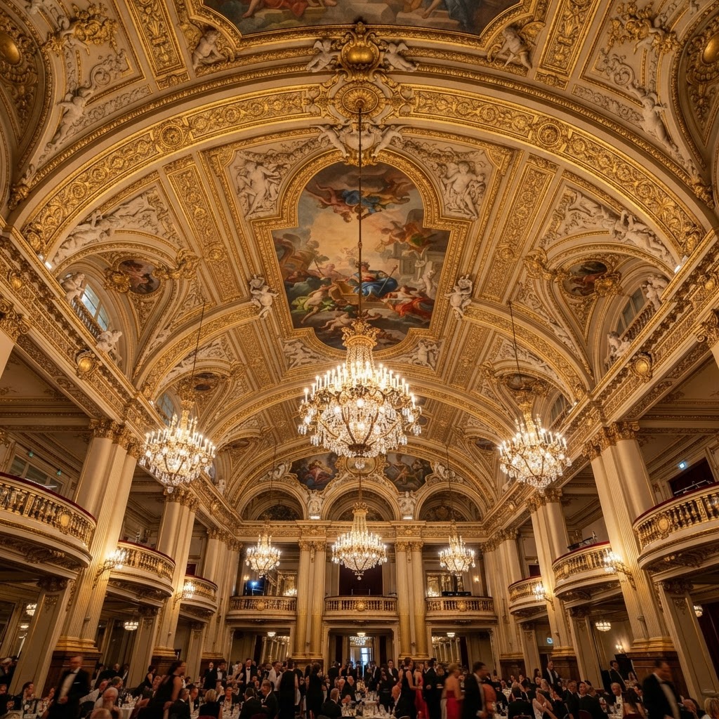 Historic ballroom banquet hall ceiling with restored ornate molding and paint detailing