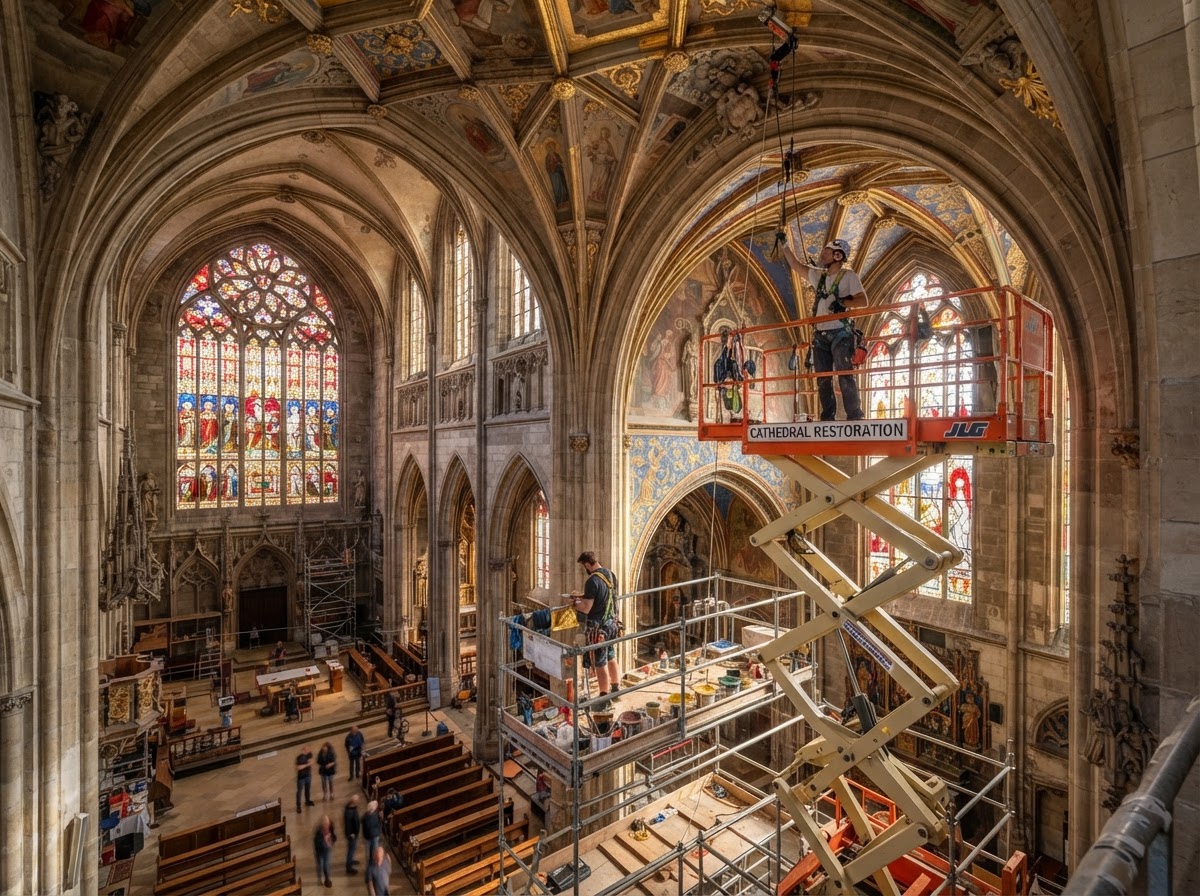 Church interior being refurbished by master painters on lifts with safety equipment