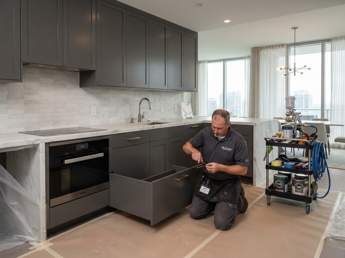 Luxury condo kitchen cabinet strip and paint restoration