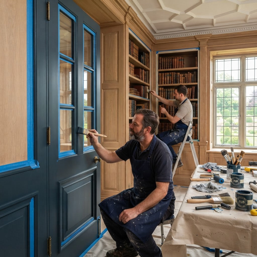Master craftsman hand-finishing bespoke wood paneled doors and custom library cabinets