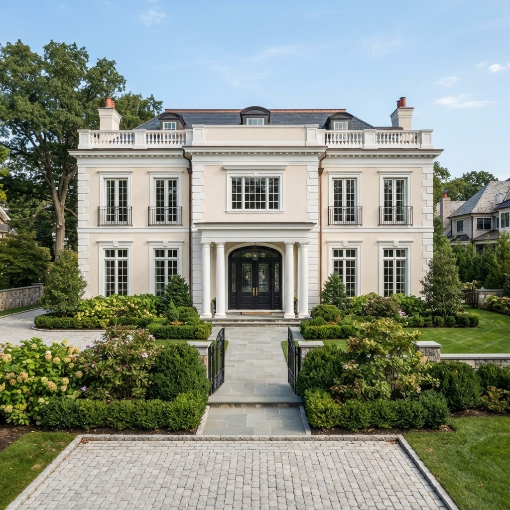 Grand luxury mansion exterior with crisp white trim and flawless architectural painting