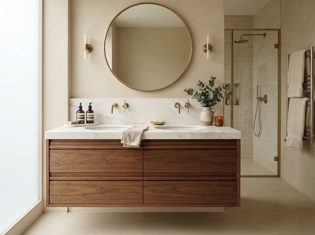 Custom double-sink bathroom vanity with walnut cabinetry and marble top by Hatch Cabinetry