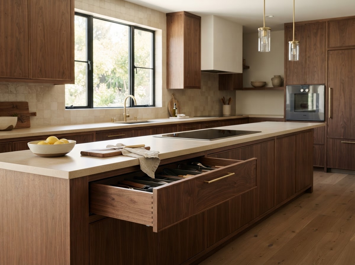 Custom walnut kitchen cabinetry with dovetail drawers and brass pulls by Hatch Cabinetry
