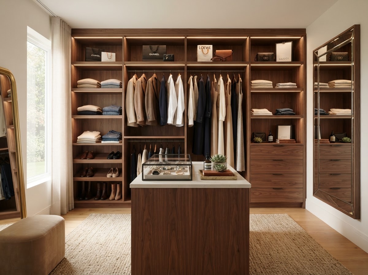 Custom walk-in closet with walnut shelving and integrated lighting by Hatch Cabinetry
