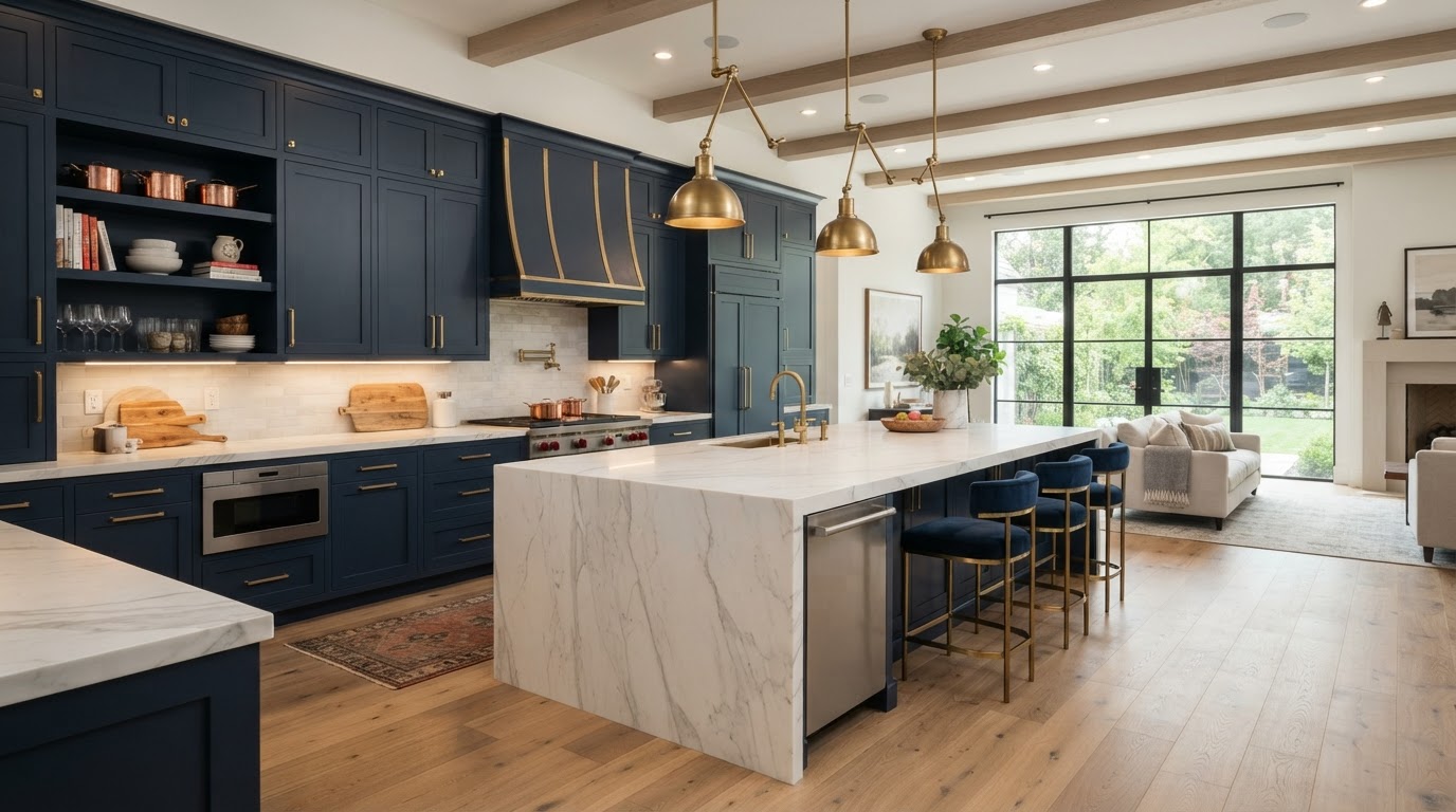 Luxury custom navy kitchen cabinetry and marble waterfall island by Hatch Cabinetry in Stouffville