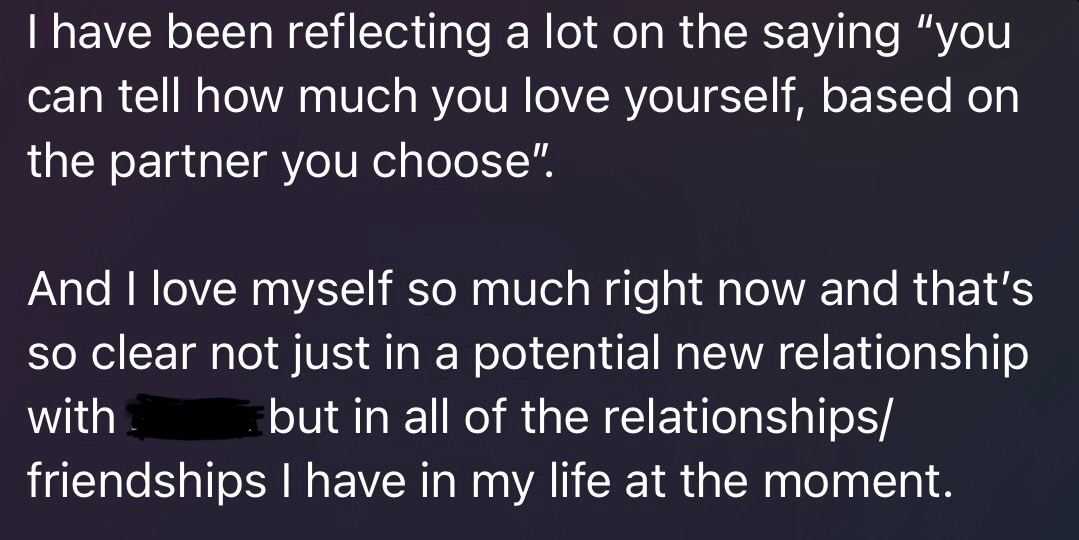 Client message: I love myself so much right now and that's so clear across all my relationships