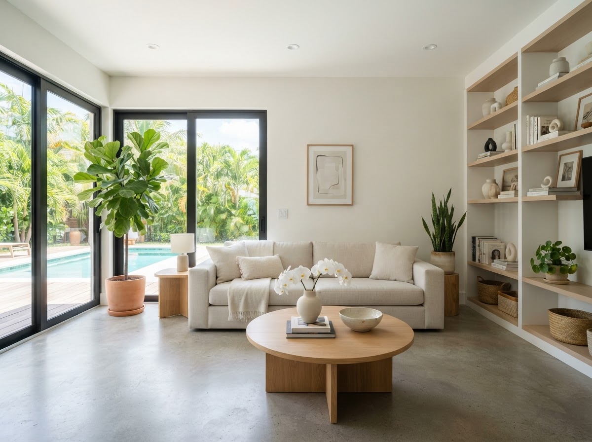 Tidy, bright family living room in a Miami home