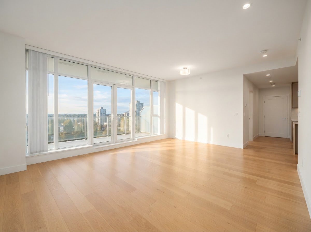 Empty, bright apartment with open blinds