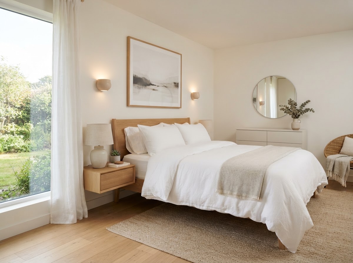 Styled vacation rental bedroom with fresh white linens