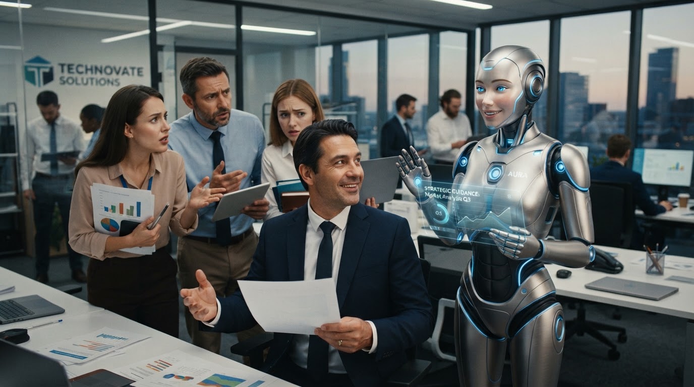 Empleados preguntándole al dueño mientras él consulta sonriendo a su copiloto humanoide de IA