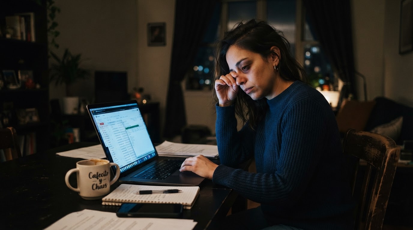 Empresaria agotada trabajando de noche en soledad sacrificando su descanso