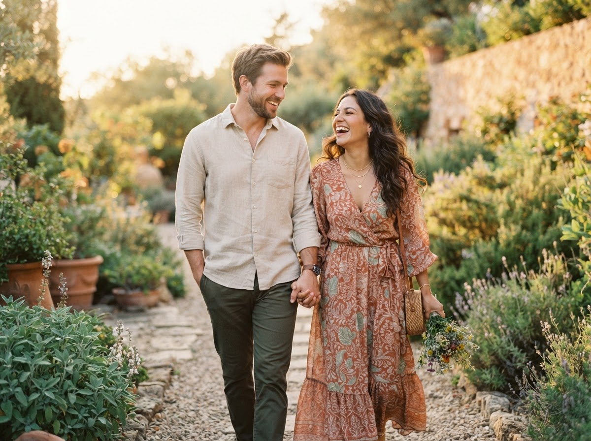 A happy couple together in warm golden light